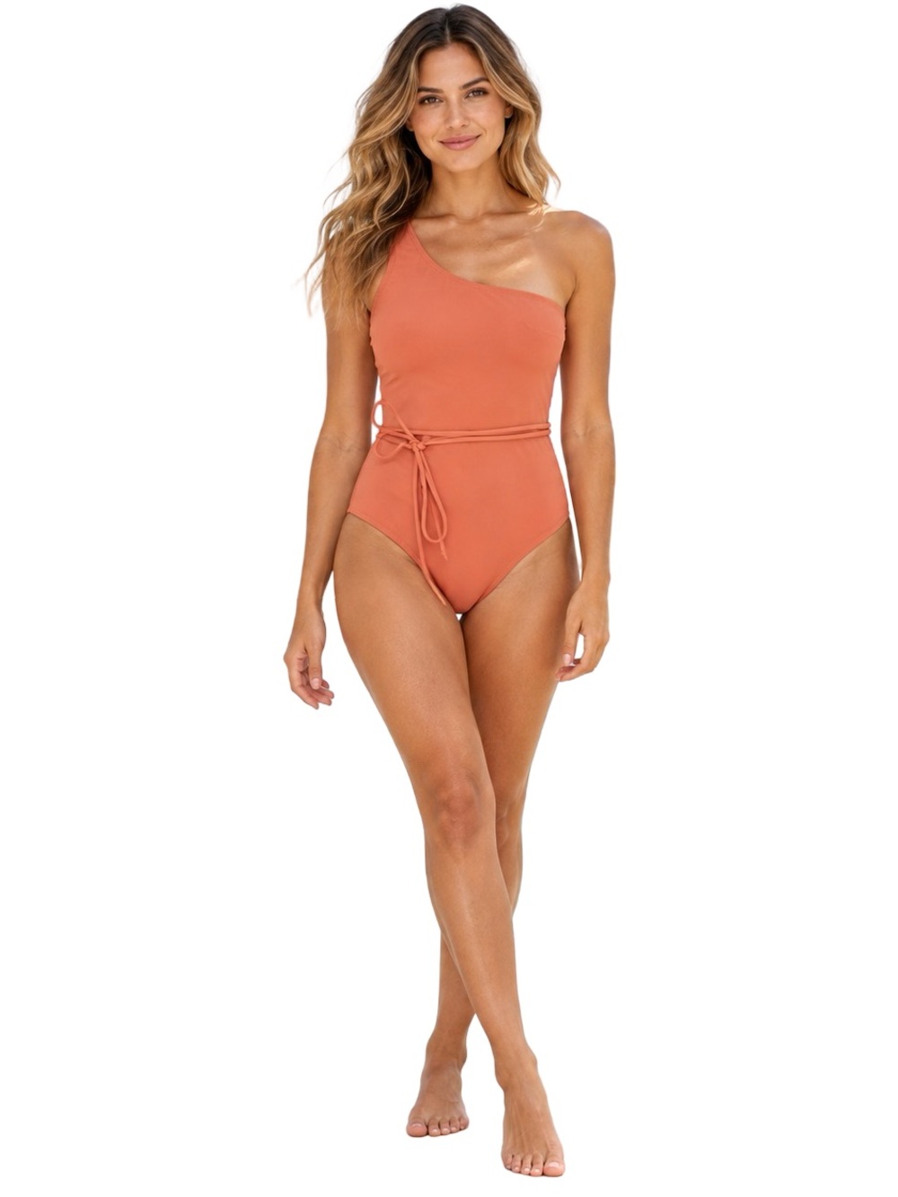 NWT CUPSHE Coral Pink One Shoulder Belted One Piece Swimsuit size Small